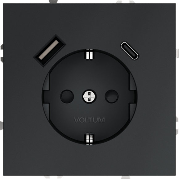 VLS040507 Розетка встраиваемая с заземлением и защитными шторками и с двумя USB зарядками Type-А и Type-C. Ток 16 Ампер (3500 Ватт) графитового цвета VOLTUM S70 (графит)
