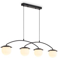 Freya Moyen FR5520PL-04B Минималистичный линейный подвесной светильник в современном стиле, лампы 4xE14, 220В, основание черный матовый металл и белые стеклянные плафоны шары, высота 350 - 1200 мм, длина 1060 мм, ширина 130 мм