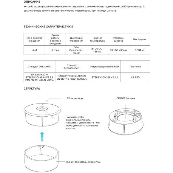 Maytoni RC02-1-RF-DIM-B 711036 Черный пульт дистанционного управления RF 2.4ГГц ИК контроллеров светодиодной ленты, поддержка диммирования