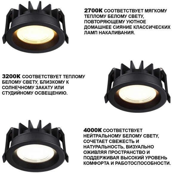 359845 Черный круглый светодиодный светильник с перекл. цв. температуры 15W 1500Лм 2700;3200;4000К 120° UGR16 CRI95 IP44 Novotech FLUO
