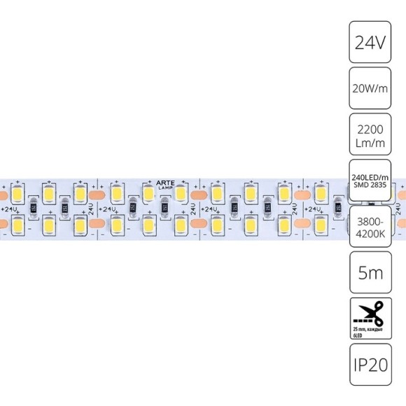 A2424015-02-4K Светодиодная лента 24В 20Вт/м 2200Лм/м 4000К CRI 90+ 15мм SMD2835 240шт/м 5м IP20