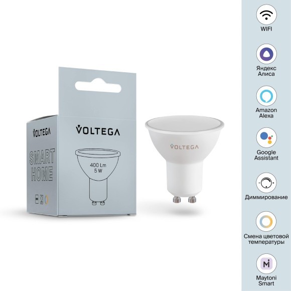 Лампа со SMART управлением по Wi-Fi, DIM, GU10 5W 2700-6500K 80RA 110° 400лм Voltega 2425