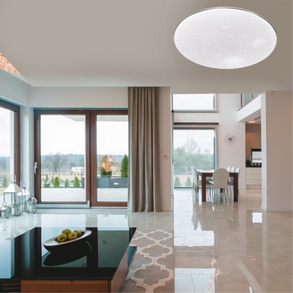 Sonex ABASI 2052/CLN Круглый светодиодный потолочный светильник диаметром 36см с белым плафоном (с вкраплениями) и хромированным основанием, мощность 36Вт яркость 3784Лм 4000K CRI80 IP43