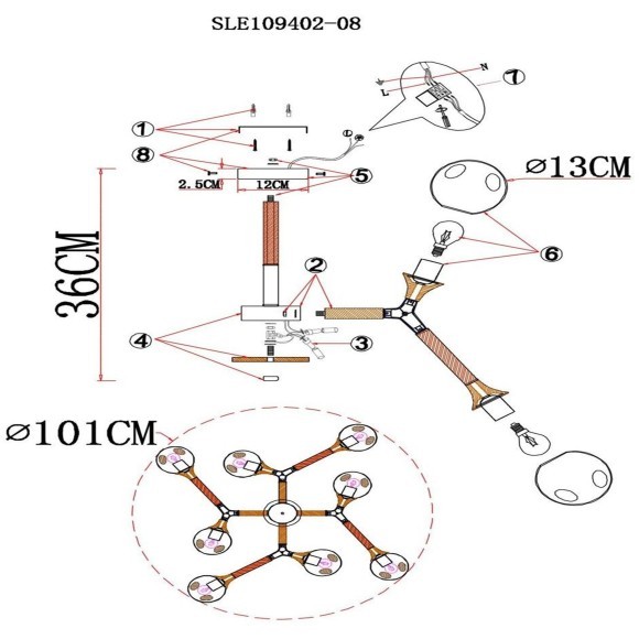 SLE109402-08 Светильник потолочный Черный, Темное дерево/Прозрачный, Янтарный E27 8*60W RAQUEL