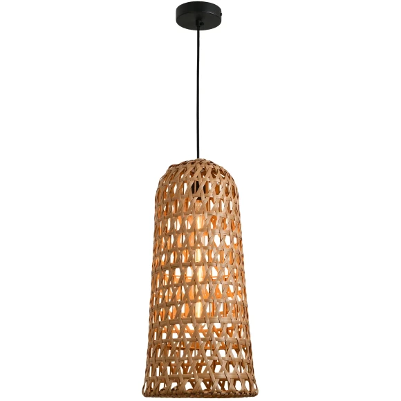 Favourite Recinto 4888-1P Уличный подвесной влагозащищенный светильник из ротанга коричневого цвета, диаметр 23см, под сменную лампу Е27, IP44, 220В, габаритные размеры в мм H1970xD230xHm500