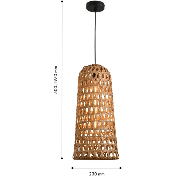 Favourite Recinto 4888-1P Уличный подвесной влагозащищенный светильник из ротанга коричневого цвета, диаметр 23см, под сменную лампу Е27, IP44, 220В, габаритные размеры в мм H1970xD230xHm500