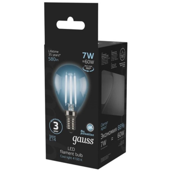 105801207 Лампа Gauss LED Filament Шар E14 7W 580lm 4100K 1/10/50