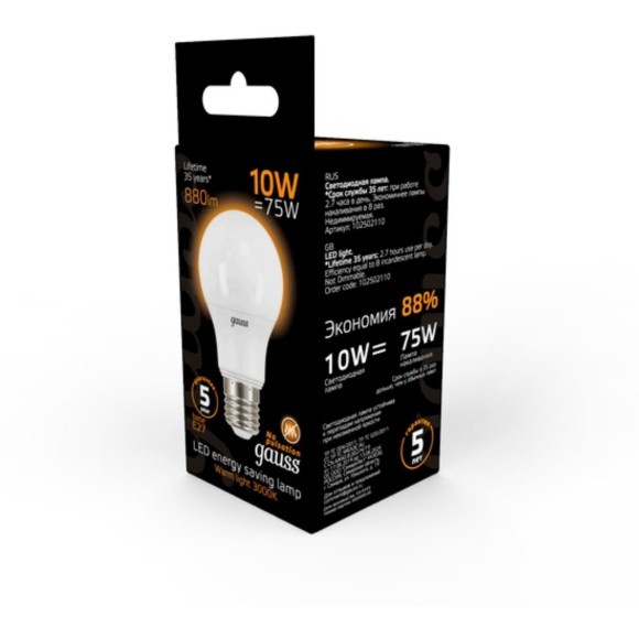 102502110 Лампа Gauss LED A60 10W E27 880lm  3000K 1/10/50