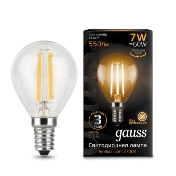 105801107 Лампа Gauss LED Filament Шар E14 7W 550lm 2700K 1/10/50