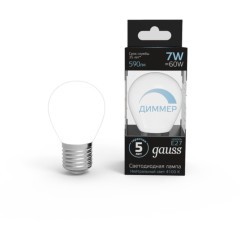 105102207-D Лампа Gauss Шар 7W 590lm 4100К Е27 диммируемая LED 1/10/100