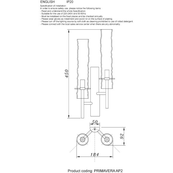 Бра Crystal Lux PRIMAVERA AP2 GOLD