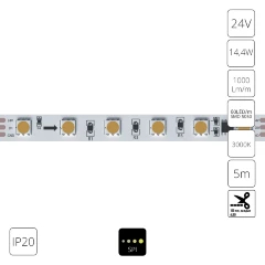 Arte Lamp A2406010-03-3K Светодиодная лента SPI (по-пиксельное цифровое управление участками) теплого света, длина 5 метров, ширина 10мм, SMD5050 60шт/м 14,4Вт/м 1000Лм/м 3000К CRI90+ 120° IP20 24В, кратность резки 100мм, -20°...+45°C