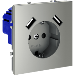 VLS040405 Розетка встраиваемая с заземлением и защитными шторками и с двумя USB A+A Зарядками TYPE-А. Ток 16 Ампер (3500 Ватт) стального цвета VOLTUM S70 (сталь)