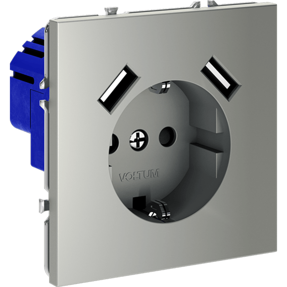 VLS040405 Розетка встраиваемая с заземлением и защитными шторками и с двумя USB A+A Зарядками TYPE-А. Ток 16 Ампер (3500 Ватт) стального цвета VOLTUM S70 (сталь)