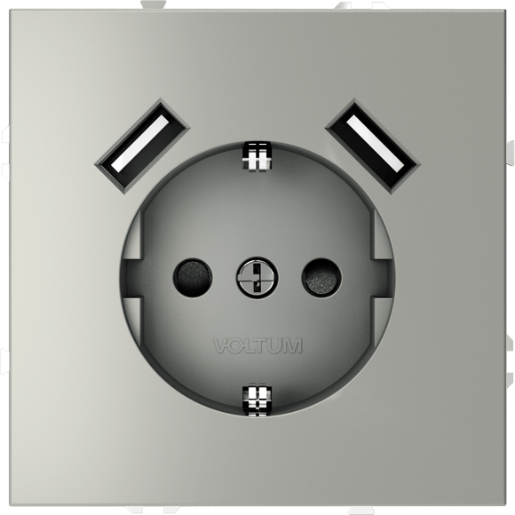VLS040405 Розетка встраиваемая с заземлением и защитными шторками и с двумя USB A+A Зарядками TYPE-А. Ток 16 Ампер (3500 Ватт) стального цвета VOLTUM S70 (сталь)