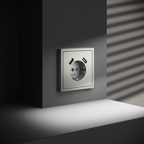 VLS040405 Розетка встраиваемая с заземлением и защитными шторками и с двумя USB A+A Зарядками TYPE-А. Ток 16 Ампер (3500 Ватт) стального цвета VOLTUM S70 (сталь)