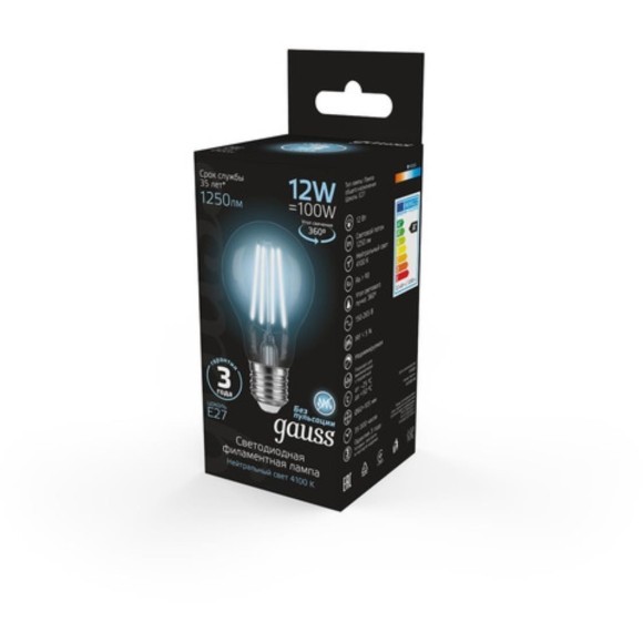 102902212 Лампа Gauss Filament А60 12W 1250lm 4100К Е27 LED 1/10/40