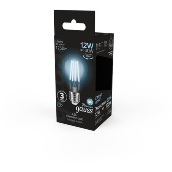 102902212 Лампа Gauss Filament А60 12W 1250lm 4100К Е27 LED 1/10/40