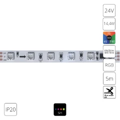Arte Lamp A2406010-05-RGB Светодиодная лента SPI (по-пиксельное цифровое управление участками) RGB диапазона, длина 5 метров, ширина 10мм, SMD5050 60шт/м 14,4Вт/м 310Лм/м (R:75Лм G:190 B:45) CRI90+ 120° IP20 24В, кратность резки 100мм, -20°...+45°C