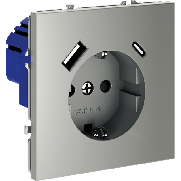 VLS040505 Розетка встраиваемая с заземлением и защитными шторками и с двумя USB зарядками Type-А и Type-C. Ток 16 Ампер (3500 Ватт) стального цвета VOLTUM S70 (сталь)
