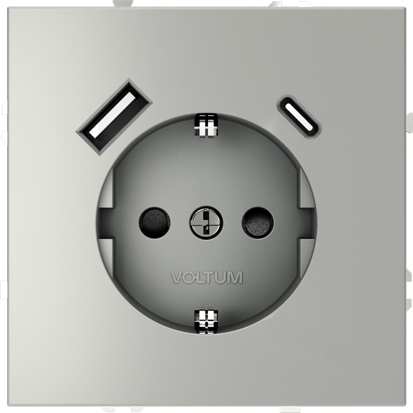 VLS040505 Розетка встраиваемая с заземлением и защитными шторками и с двумя USB зарядками Type-А и Type-C. Ток 16 Ампер (3500 Ватт) стального цвета VOLTUM S70 (сталь)