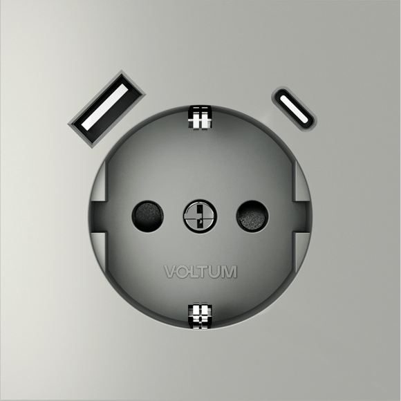 VLS040505 Розетка встраиваемая с заземлением и защитными шторками и с двумя USB зарядками Type-А и Type-C. Ток 16 Ампер (3500 Ватт) стального цвета VOLTUM S70 (сталь)