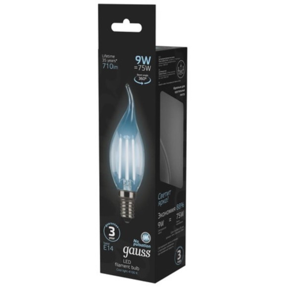 104801209 Лампа Gauss LED Filament Свеча на ветру E14 9W 710lm 4100K 1/10/50