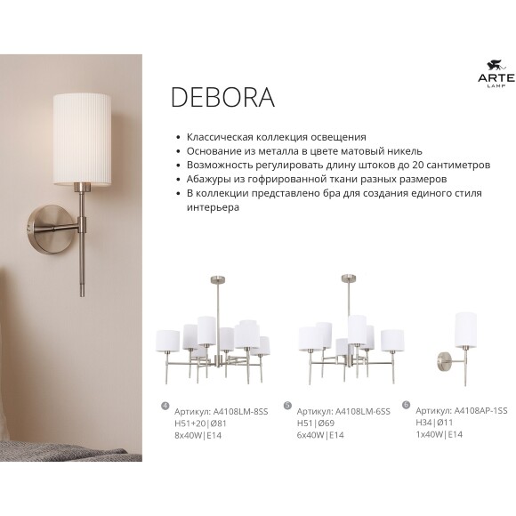 Arte Lamp Debora A4108AP-1SS Настенный светильник бра с абажуром из гофрированной ткани диаметром 11 см, основание металл никель, лампа E14 1шт до 40Вт IP20 220В