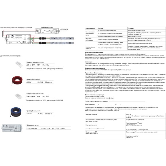 Arte Lamp A72C-01CH-WF SMART Контроллер для SPI светодиодных лент, 12В или 24В, 1 канал, макс. нагрузка при 12В=144Вт, при 24В=288Вт, Bluetooth 5.1, Wi-Fi, TUYA SMART, Яндекс Умный дом (гол. упр. Алисой), возм. подключения пульта RF2.4Ггц, диап. диммирова