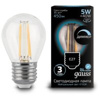 105802205-D Лампа Gauss Filament Шар 5W 450lm 4100К Е27 диммируемая LED 1/10/50