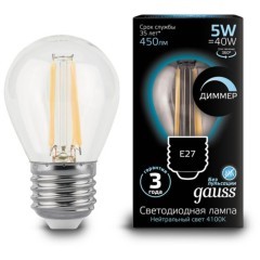 105802205-D Лампа Gauss Filament Шар 5W 450lm 4100К Е27 диммируемая LED 1/10/50 105802205-D Лампа Gauss Filament Шар 5W 450lm 4100К Е27 диммируемая LED 1/10/50