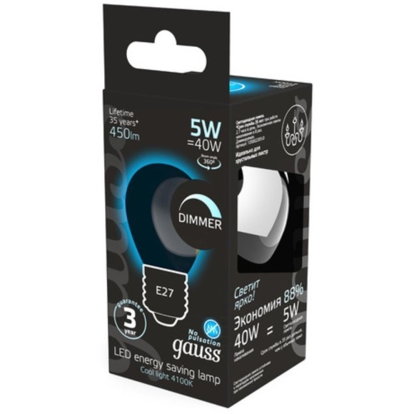 105802205-D Лампа Gauss Filament Шар 5W 450lm 4100К Е27 диммируемая LED 1/10/50