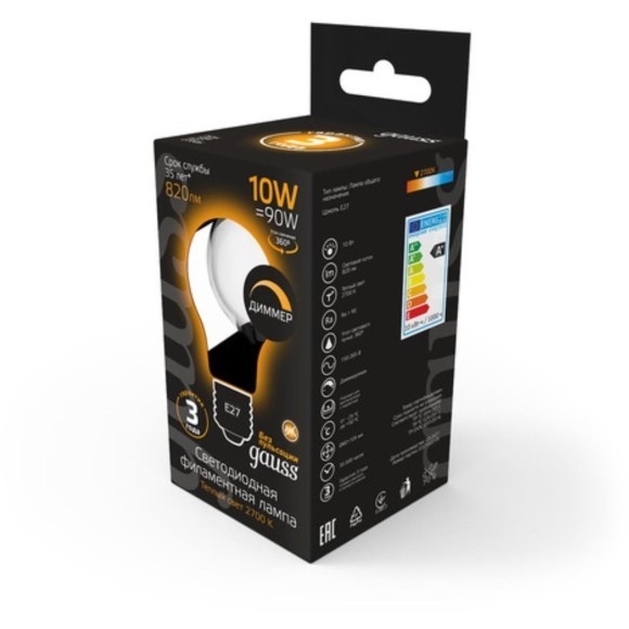 102202110-D Лампа Gauss Filament А60 10W 820lm 2700К Е27 milky диммируемая LED 1/10/40