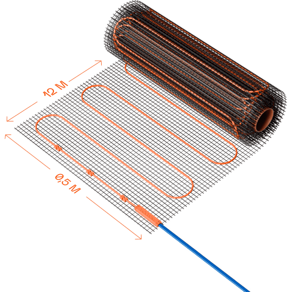 VLT01-200-6.0 Нагревательный мат (Теплый пол) длиной 12 метров и шириной полметра (0,5 метра) Voltum Т200 мощность 1200Вт 200Вт/м², двужильный экранированный кабель, клеевая сетка, укладка в плиточный клей/стяжку, гарантия 25 лет