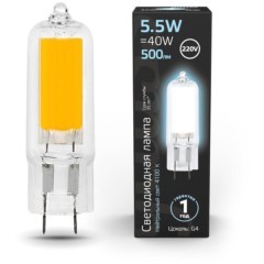 107807205 Лампа Gauss LED G4 AC220-240V 5.5W 500lm 4100K Glass 1/10/200
