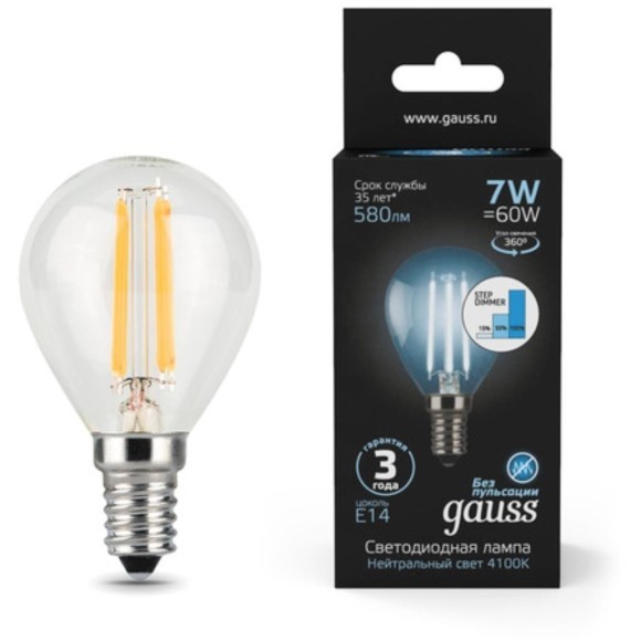 105801207-S Лампа Gauss Filament Шар 7W 580lm 4100К Е14 шаг. диммирование LED 1/10/50