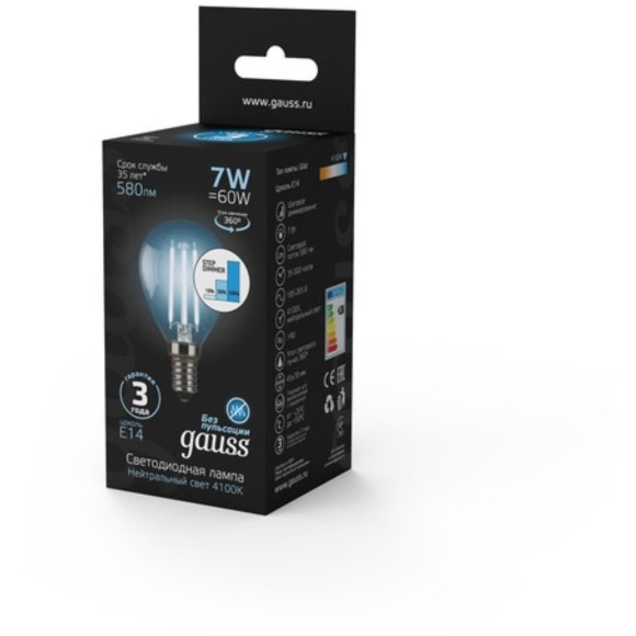 105801207-S Лампа Gauss Filament Шар 7W 580lm 4100К Е14 шаг. диммирование LED 1/10/50