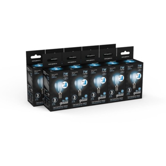 105801207-S Лампа Gauss Filament Шар 7W 580lm 4100К Е14 шаг. диммирование LED 1/10/50