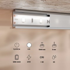 Maytoni 201182 Влагозащищенная светодиодная лента 5 метров, ширина 8мм серия BASE SMD2835 24V 9,6Вт/м 950Лм/м 6000К IP65 CRI80 120° кратность резки 50мм, раб. температура -30...+60°С