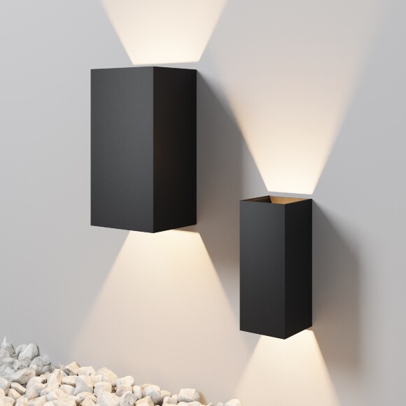 Maytoni Drape O525WL-L10B3K Уличный настенный прямоугольный светодиодный фасадный светильник-бра высотой 17 см, стиль минимализм, свет вверх-вниз, металл черный алюминий, LED 10Вт 3000K 550Лм CRI80 80° 220В IP65 -40...+50°C