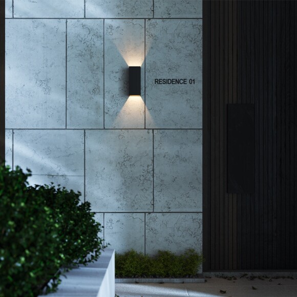 Maytoni Drape O525WL-L10B3K Уличный настенный прямоугольный светодиодный фасадный светильник-бра высотой 17 см, стиль минимализм, свет вверх-вниз, металл черный алюминий, LED 10Вт 3000K 550Лм CRI80 80° 220В IP65 -40...+50°C