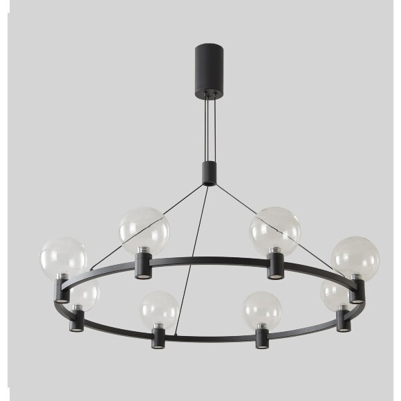 Crystal Lux DUET SP56W LED BLACK 4090/356 Люстра подвесная дизайнерская кольцом, черный матовый металл, стеклянные прозрачные шары LED 56Вт 3000K 3920Лм CRI80 IP20 220V, для гостиной, кухни и острова