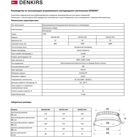 DK2452-WH Встраиваемый светодиодный влагозащищенный IP44 светильник Denkirs TRIM, 24Вт с перекл. цветовой температуры 3000-4000-6500K