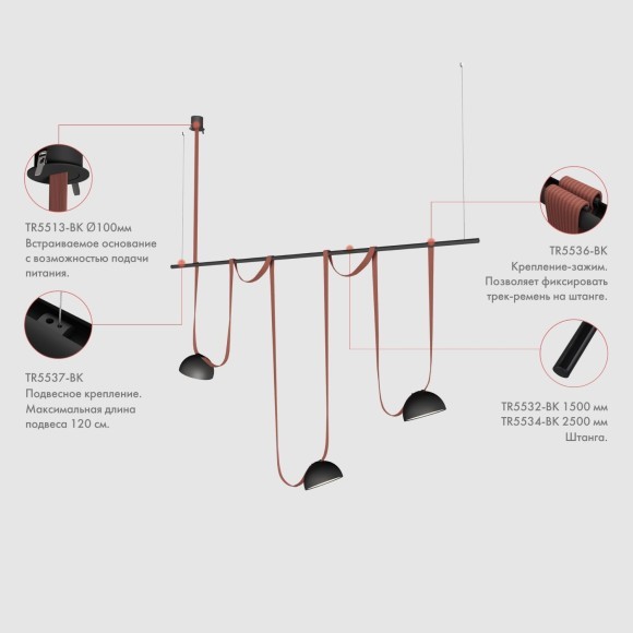 Встраиваемое основание с вводом питания для шинопровода-ремня Denkirs Belty TR5513-BK