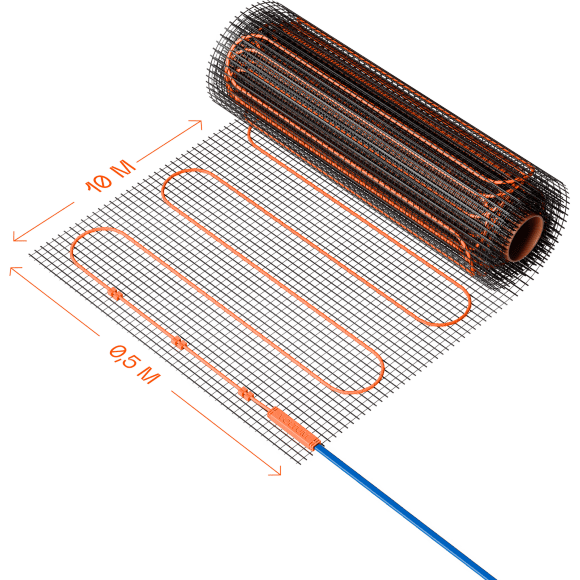 VLT01-200-5.0 Нагревательный мат (Теплый пол) длиной 10 метров и шириной полметра (0,5 метра) Voltum Т200 мощность 1000Вт 200Вт/м², двужильный экранированный кабель, клеевая сетка, укладка в плиточный клей/стяжку, гарантия 25 лет