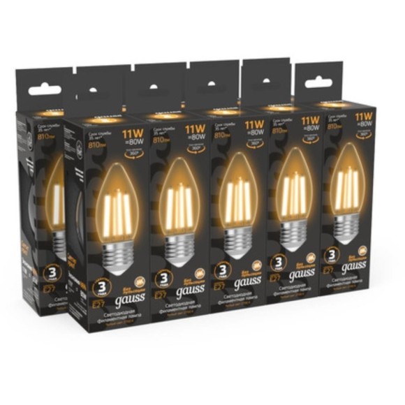 103802111 Лампа Gauss Filament Свеча 11W 810lm 2700К Е27 LED 1/10/50