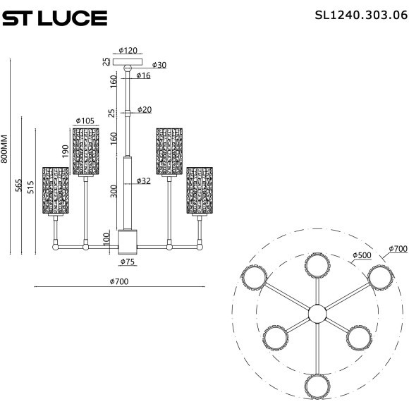 SL1240.303.06 Люстра подвесная ST-Luce Латунь/Дымчатый E27 6*60W GACCIOLO