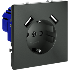 VLS040406 Розетка встраиваемая с заземлением и защитными шторками и с двумя USB A+A Зарядками TYPE-А. Ток 16 Ампер (3500 Ватт) титанового цвета VOLTUM S70 (титан)