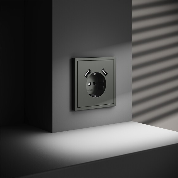 VLS040406 Розетка встраиваемая с заземлением и защитными шторками и с двумя USB A+A Зарядками TYPE-А. Ток 16 Ампер (3500 Ватт) титанового цвета VOLTUM S70 (титан)