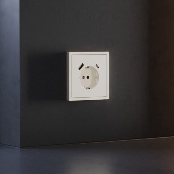 VLS001013 Накладка для розетки с заземлением и защитными шторками, с зарядкой от USB (ТИП С + ТИП A) бежевого цвета VOLTUM S70 (хлопок)